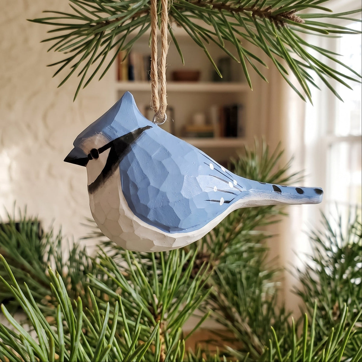 Blue Jay Hanging Ornament | Hand-Carved & Hand-Painted Basswood Bird