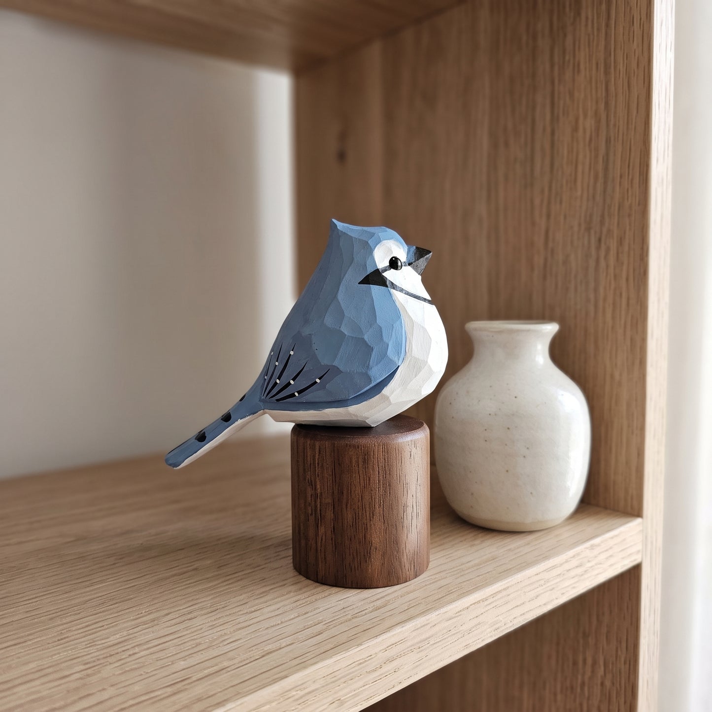 Hand Carved & Hand Painted Blue Jay Figurine | Basswood with Black Walnut Base