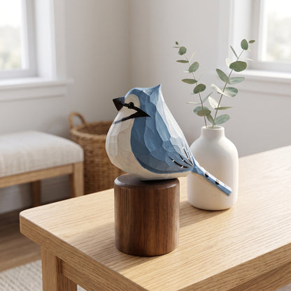 Hand Carved & Hand Painted Blue Jay Figurine | Basswood with Black Walnut Base