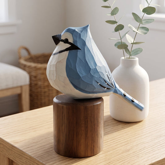 A geometric Blue jay sculpture perched on a dark wooden cylinder base, styled on a light wood table next to a white ceramic vase with eucalyptus stems in a bright, modern room.