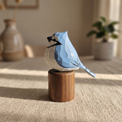 Hand Carved & Hand Painted Blue Jay Figurine | Basswood with Black Walnut Base