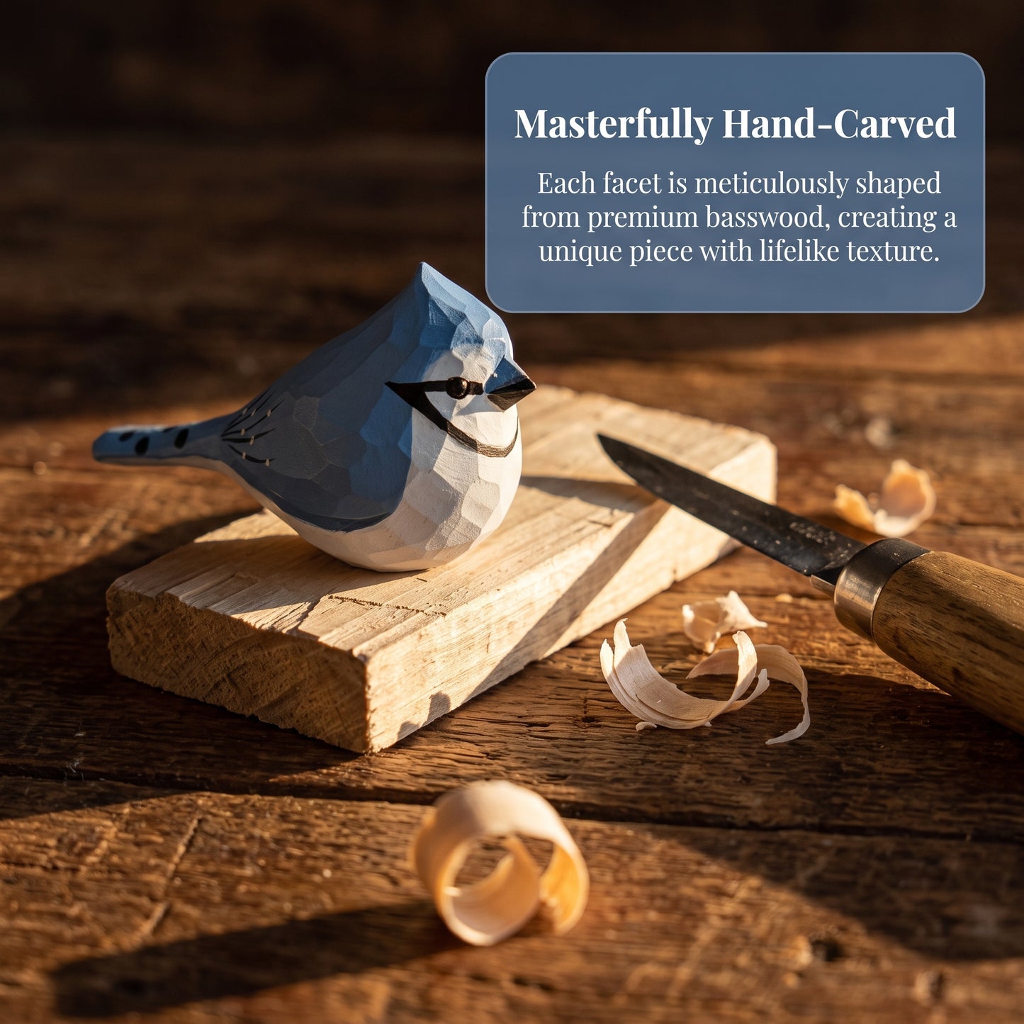 Hand Carved & Hand Painted Blue Jay Figurine | Basswood with Black Walnut Base
