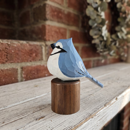 Hand Carved & Hand Painted Blue Jay Figurine | Basswood with Black Walnut Base