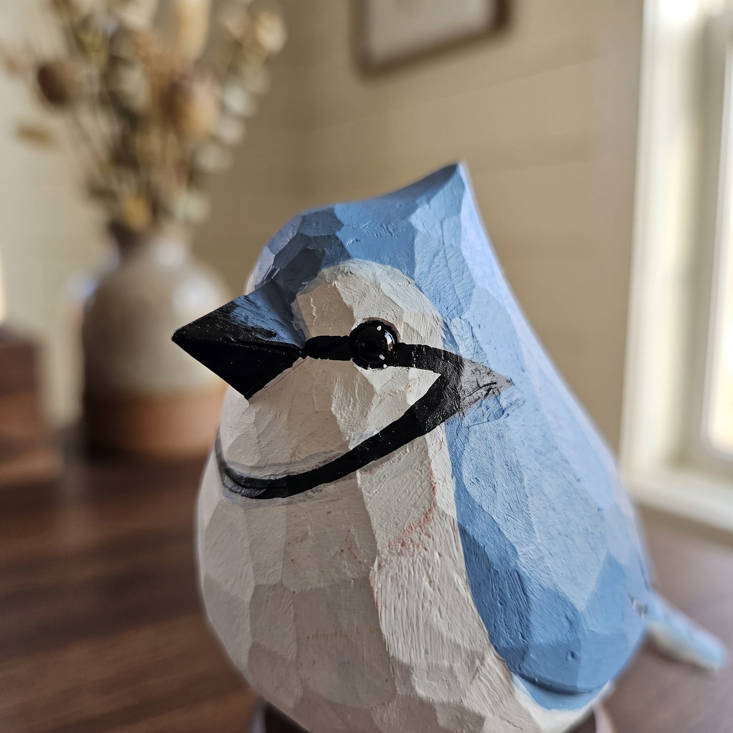 Hand Carved & Hand Painted Blue Jay Figurine | Basswood with Black Walnut Base