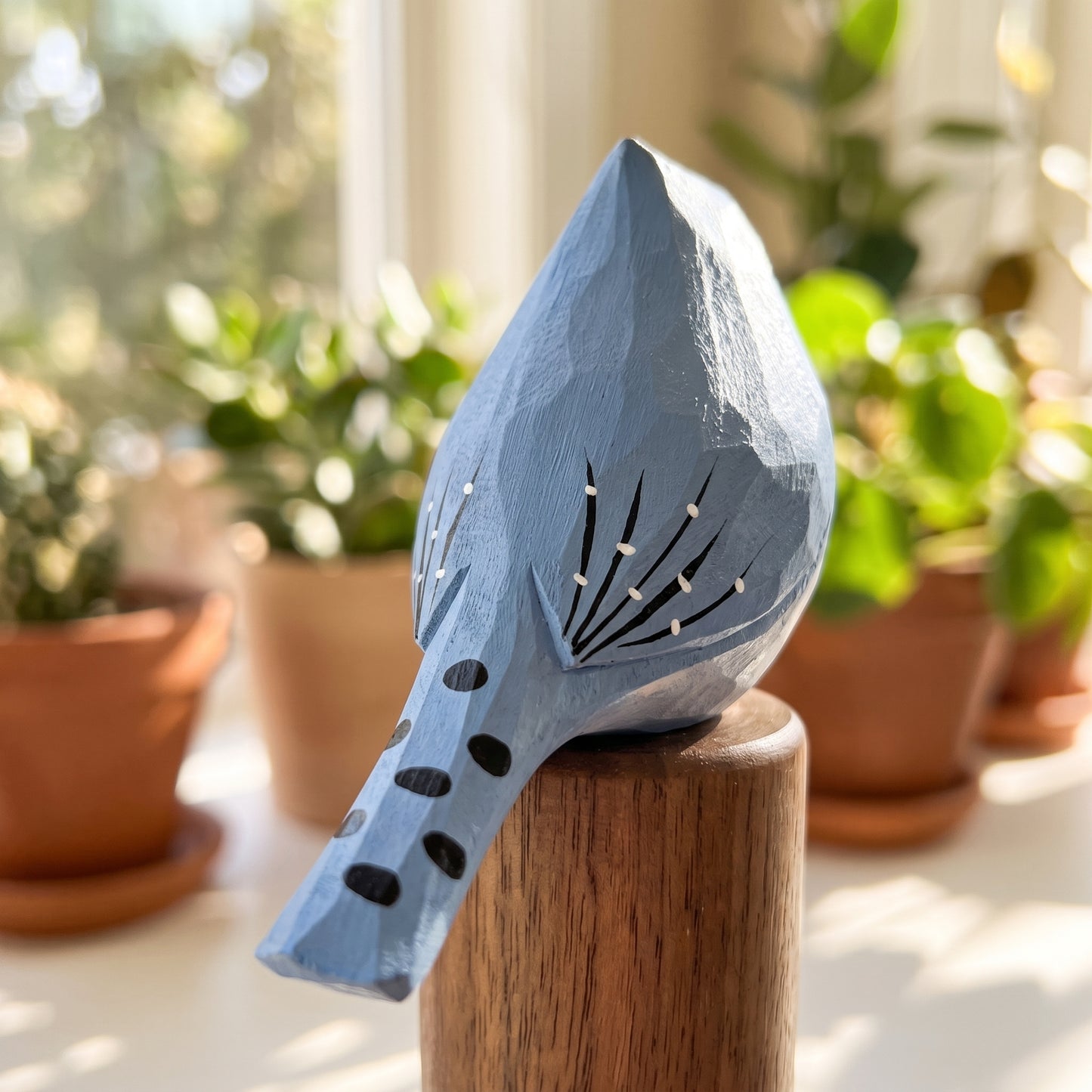 Hand Carved & Hand Painted Blue Jay Figurine | Basswood with Black Walnut Base