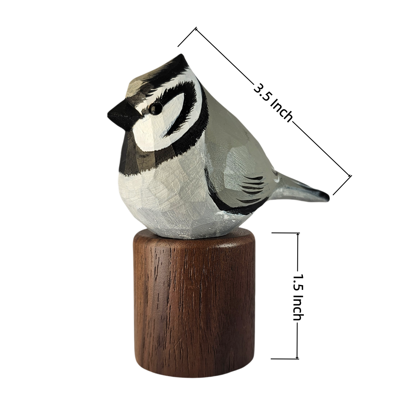 A painted Bridled titmouse figurine perched on a cylindrical wooden base, shown on a white background with dimension lines indicating 3.5 inch length and 1.
