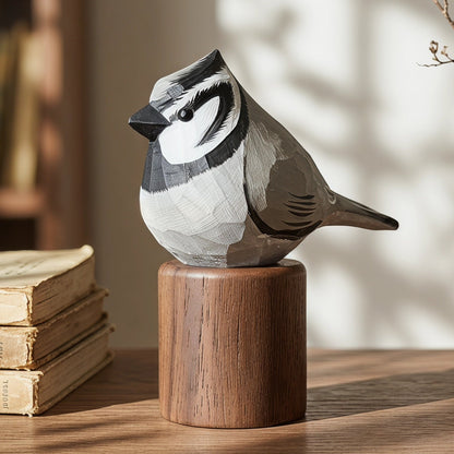 A geometric, low-poly style Bridled titmouse figurine in black, white, and gray, mounted on a round wooden base and displayed on a wooden table in a warm, sunlit room next to a ceramic vase with dried branches.