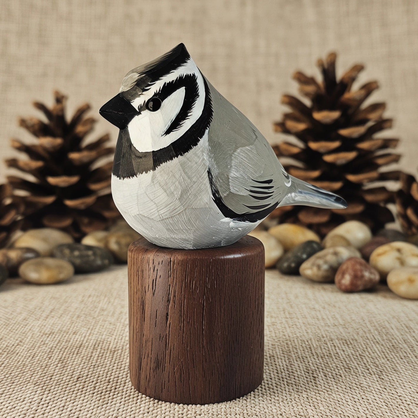 A carved Bridled titmouse figurine with gray, black, and white markings sits on a dark brown cylindrical wooden pedestal, styled with pine cones and smooth stones on a burlap background.