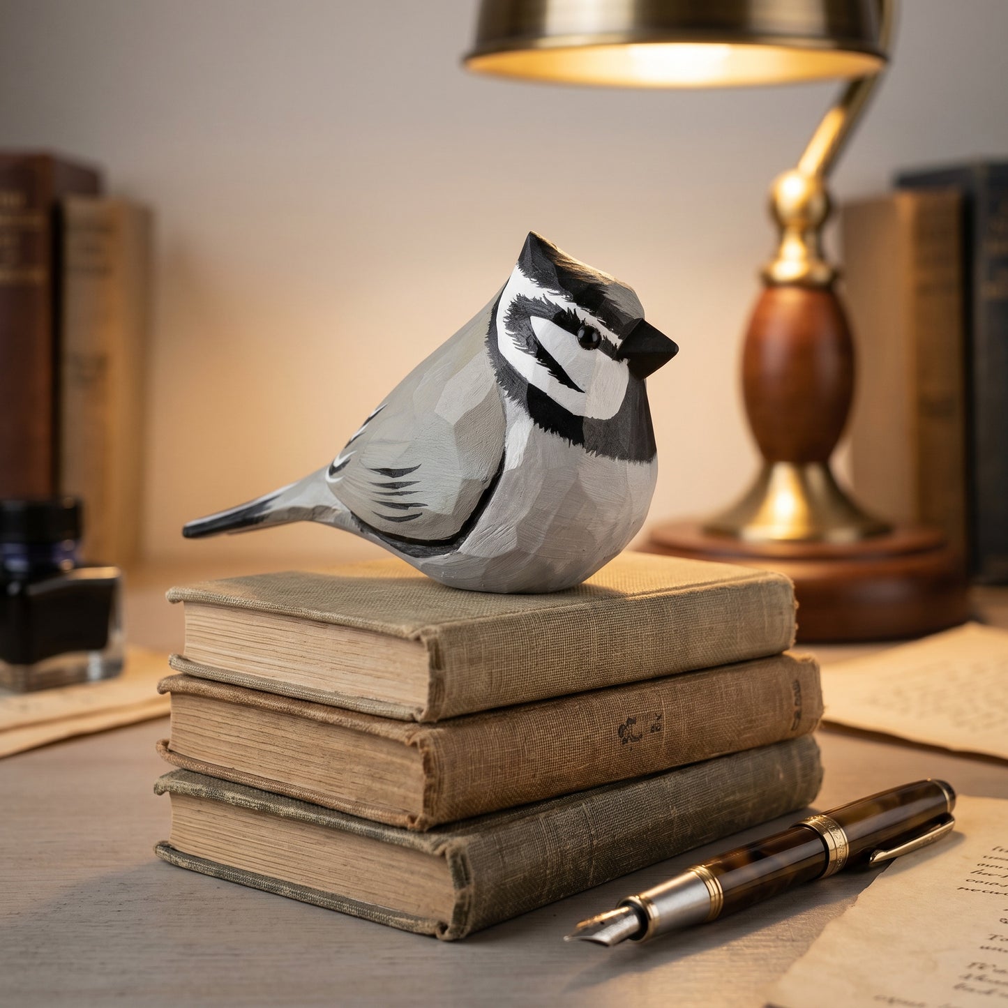 A low-poly Bridled titmouse figurine with a gray, black, and white geometric design, perched on a stack of three vintage-style books on a wooden desk. A brass desk lamp is blurred in the background, along with a fountain pen and old books.