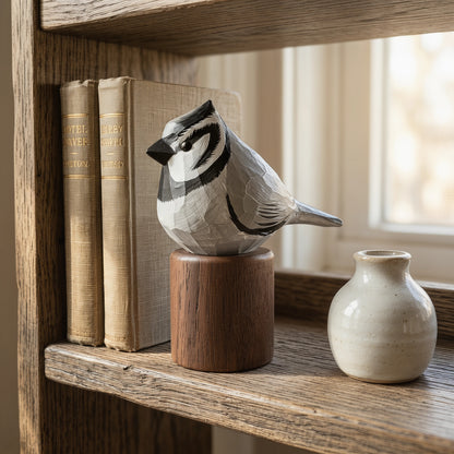 A carved Bridled titmouse figurine with a black, white, and gray geometric pattern sits on a round wooden base on a rustic bookshelf, next to two vintage books and a small ceramic vase.