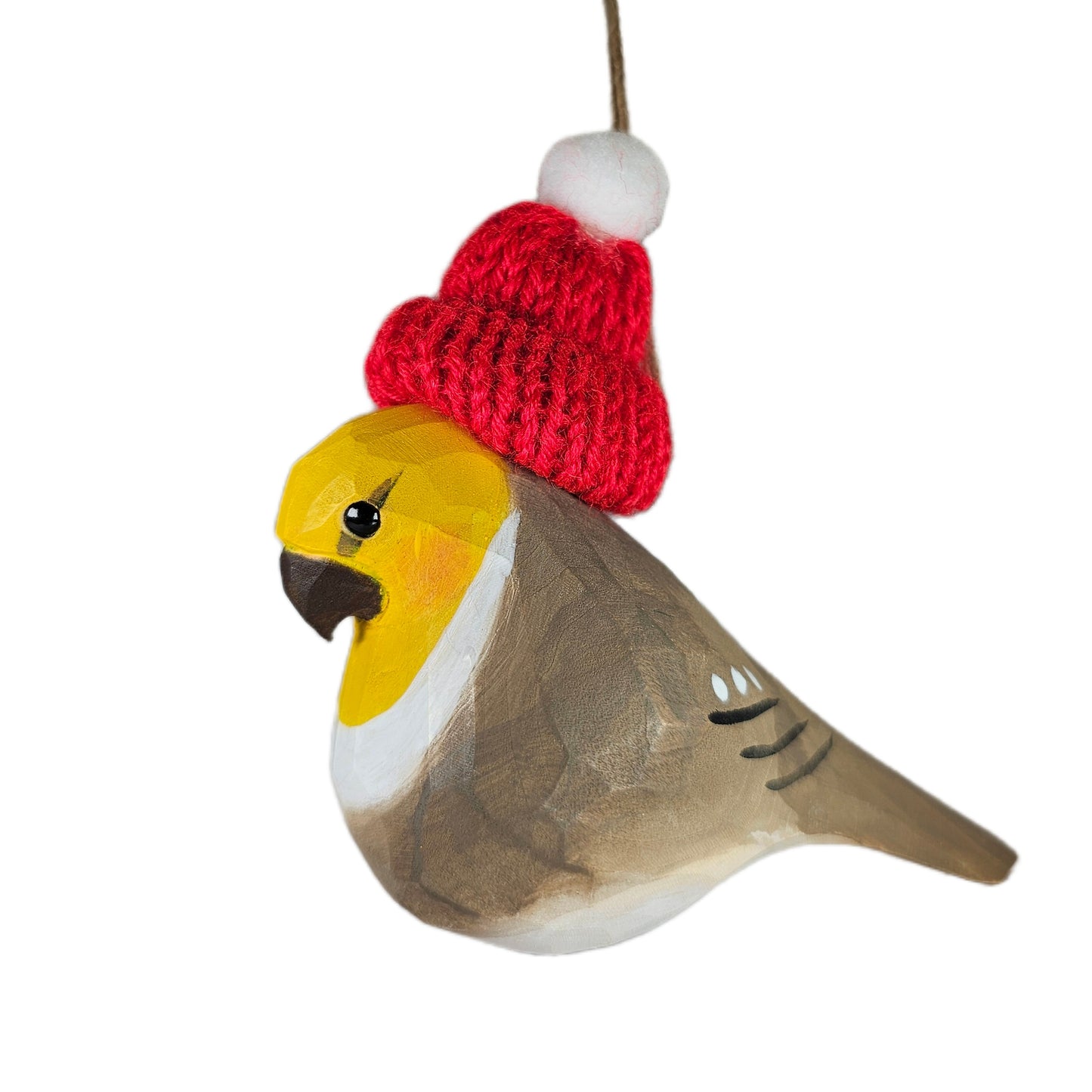 Cockatiel Christmas Ornament - Hand‑Carved Wood with Knit Hat, Gift Box Included