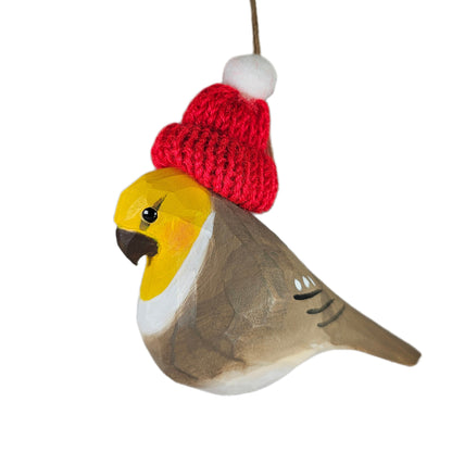 Cockatiel Christmas Ornament - Hand‑Carved Wood with Knit Hat, Gift Box Included