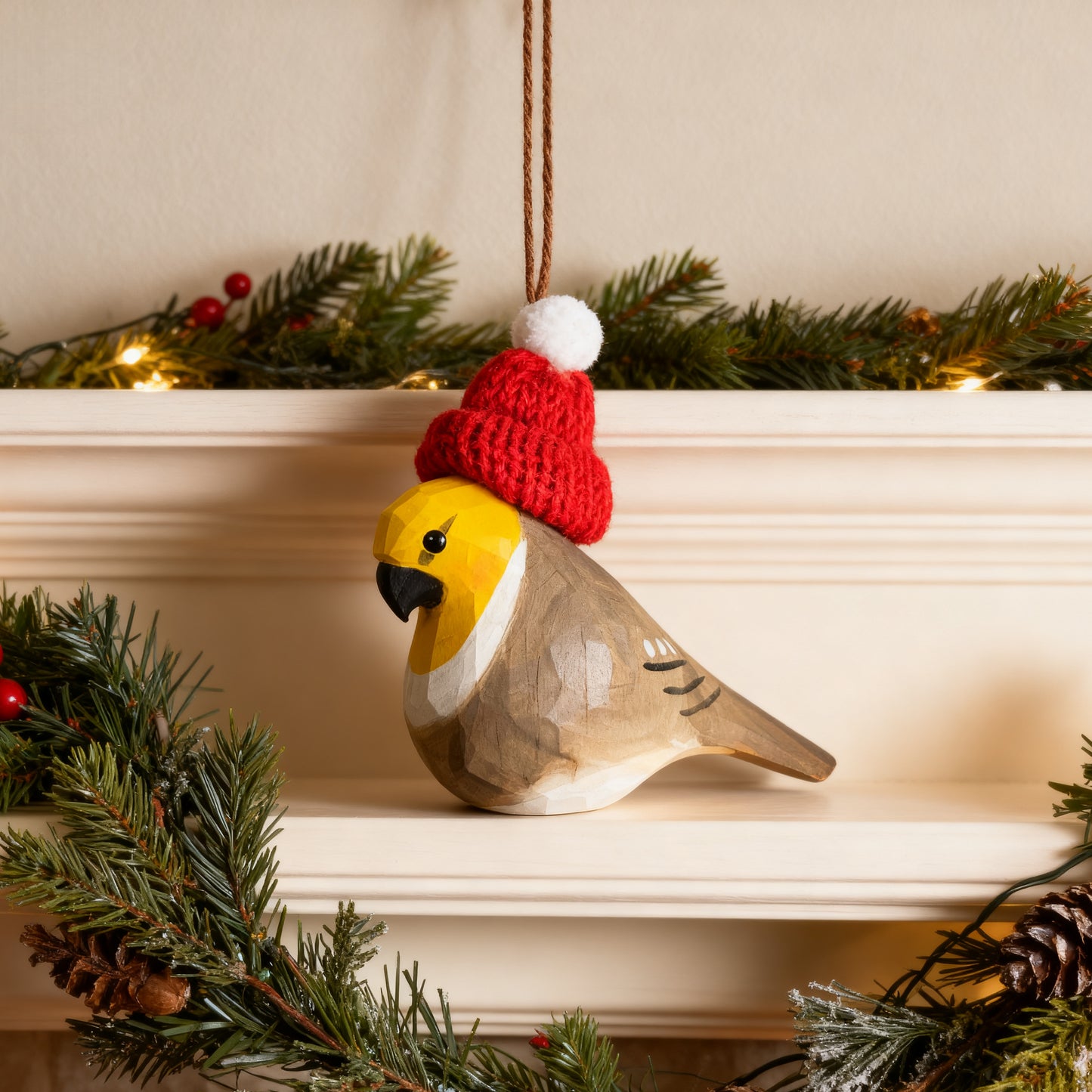 Cockatiel Christmas Ornament - Hand‑Carved Wood with Knit Hat, Gift Box Included