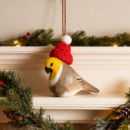 Cockatiel Christmas Ornament - Hand‑Carved Wood with Knit Hat, Gift Box Included
