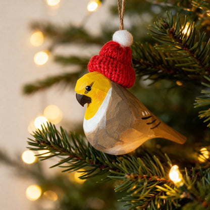 Cockatiel Christmas Ornament - Hand‑Carved Wood with Knit Hat, Gift Box Included