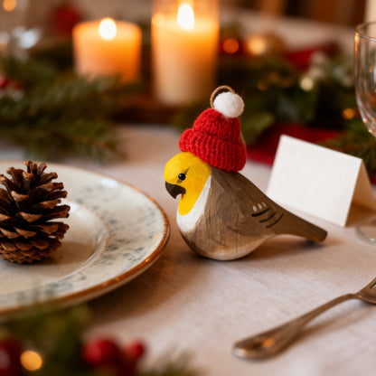 Cockatiel Christmas Ornament - Hand‑Carved Wood with Knit Hat, Gift Box Included