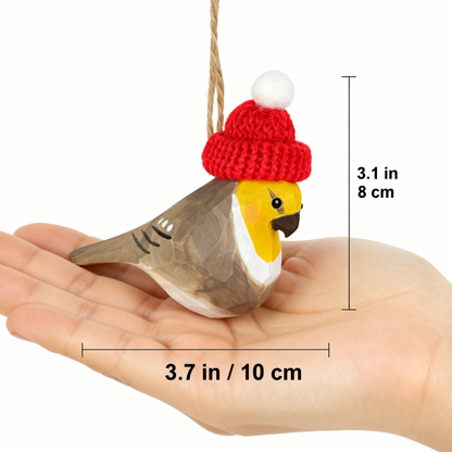 Cockatiel Christmas Ornament - Hand‑Carved Wood with Knit Hat, Gift Box Included