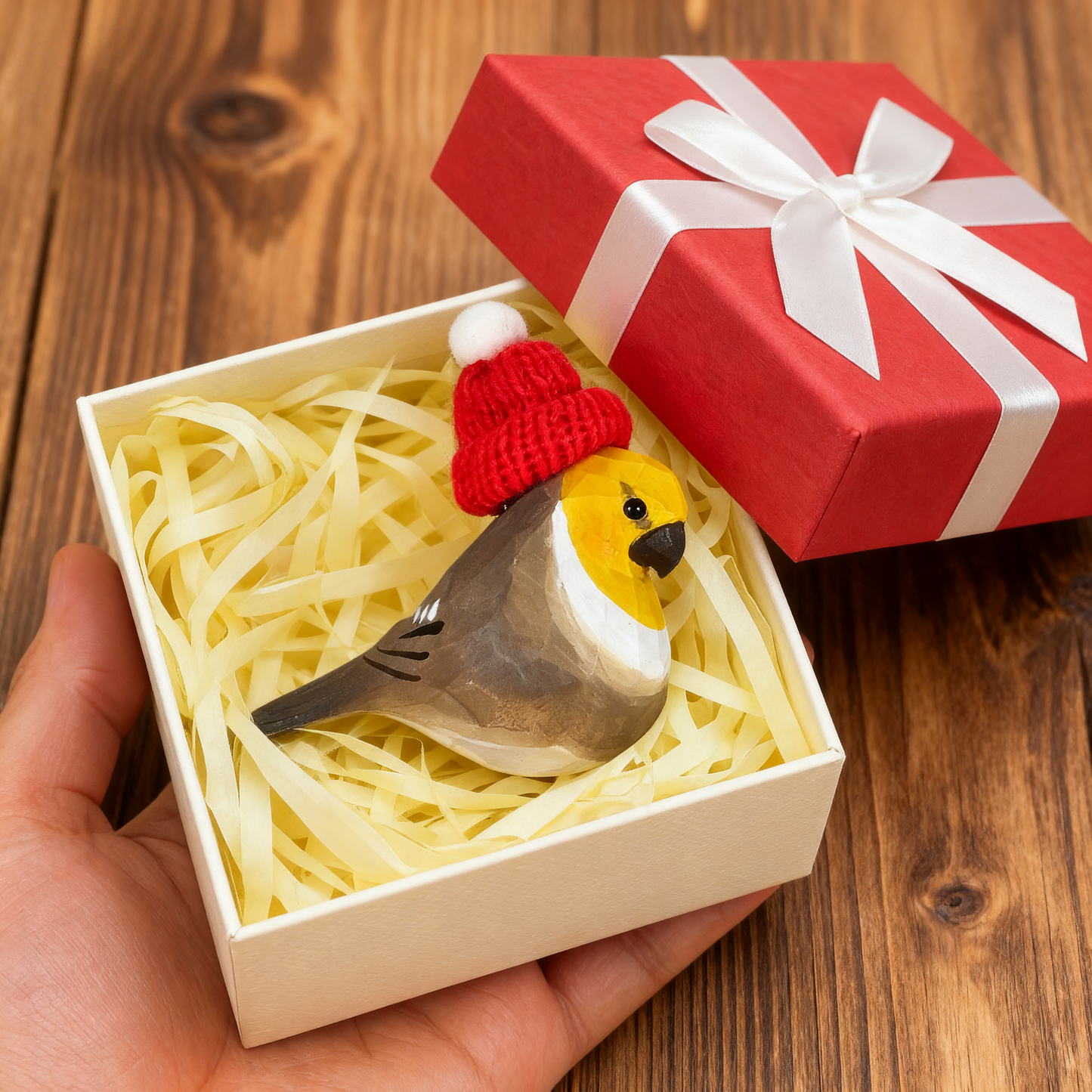 Cockatiel Christmas Ornament - Hand‑Carved Wood with Knit Hat, Gift Box Included