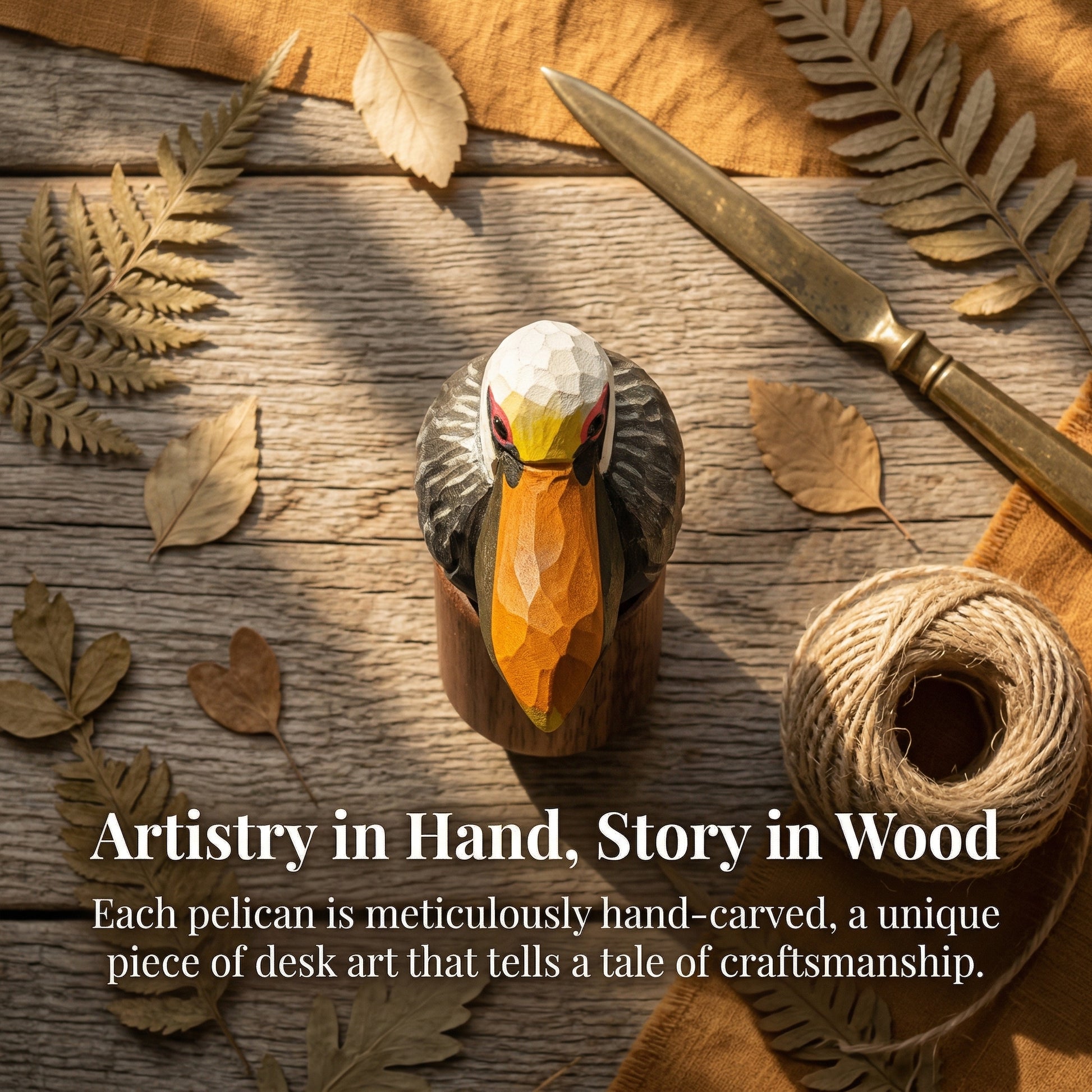 A carved wooden Brown pelican figurine with a geometric, faceted beak and painted details, displayed on a rustic wooden surface with dried leaves, a knife, twine, and warm autumn props. Text overlays read 'Artistry in Hand, Story in Wood' and describe the hand-carved craftsmanship.