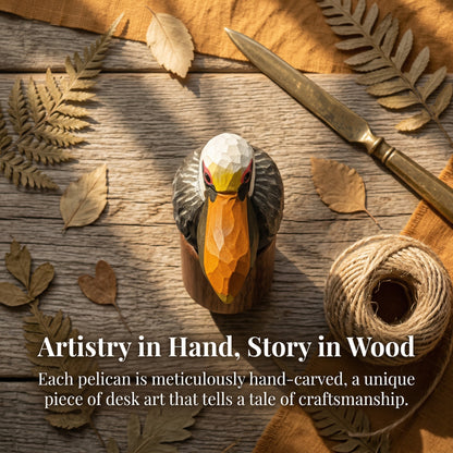 A carved wooden Brown pelican figurine with a geometric, faceted beak and painted details, displayed on a rustic wooden surface with dried leaves, a knife, twine, and warm autumn props. Text overlays read 'Artistry in Hand, Story in Wood' and describe the hand-carved craftsmanship.