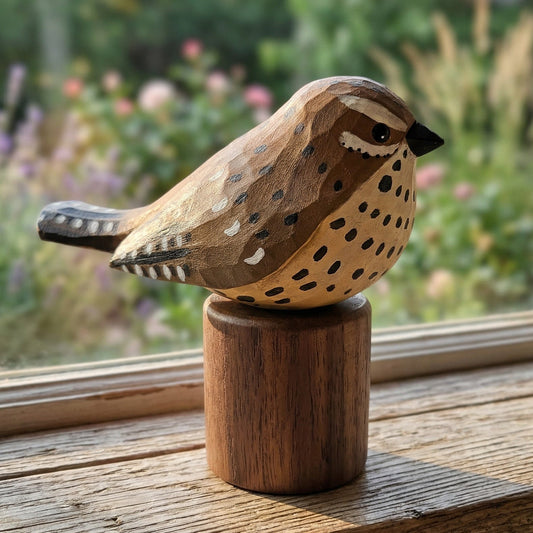 A hand-carved wooden Cactus wren figurine with brown, beige, and black painted details, perched on a small cylindrical wooden base on a rustic windowsill with a blurred garden background.