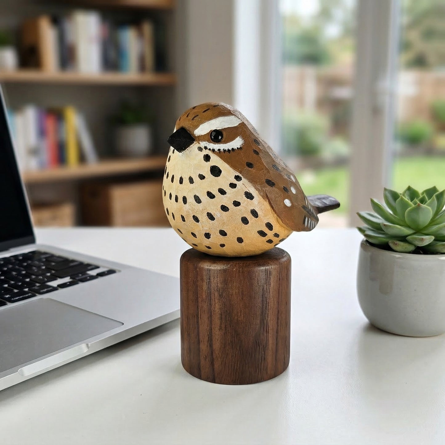 A hand-carved wooden Cactus wren figurine with black spots and a brown head perched on a matching wooden cylindrical base, set on a white desk next to a laptop and a small potted succulent.