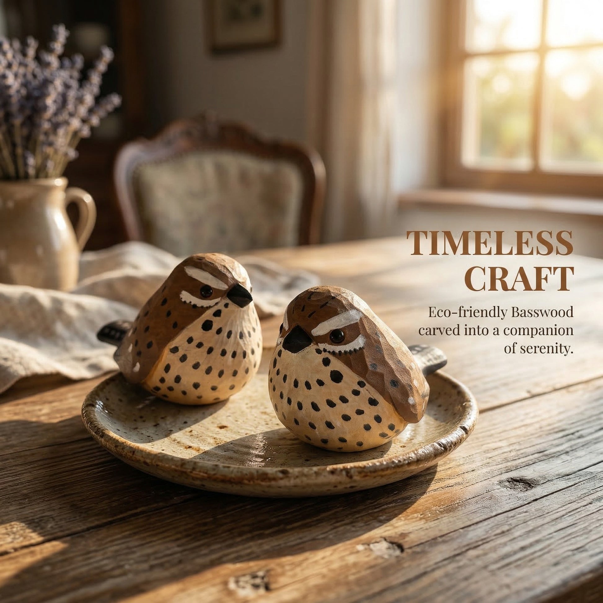 Two carved wooden Cactus wren figurines with black speckles and white eye markings sit on a rustic ceramic plate on a wooden table in a warm, sunlit room. Text on the right reads 'TIMELESS CRAFT' with descriptive copy.
