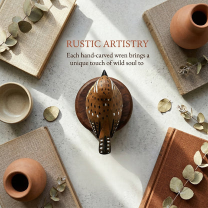 A hand-carved wooden Cactus wren sculpture displayed on a round wooden base, styled in a rustic flat-lay with terracotta pots, linen books, dried eucalyptus leaves, and text reading 'RUSTIC ARTISTRY'.