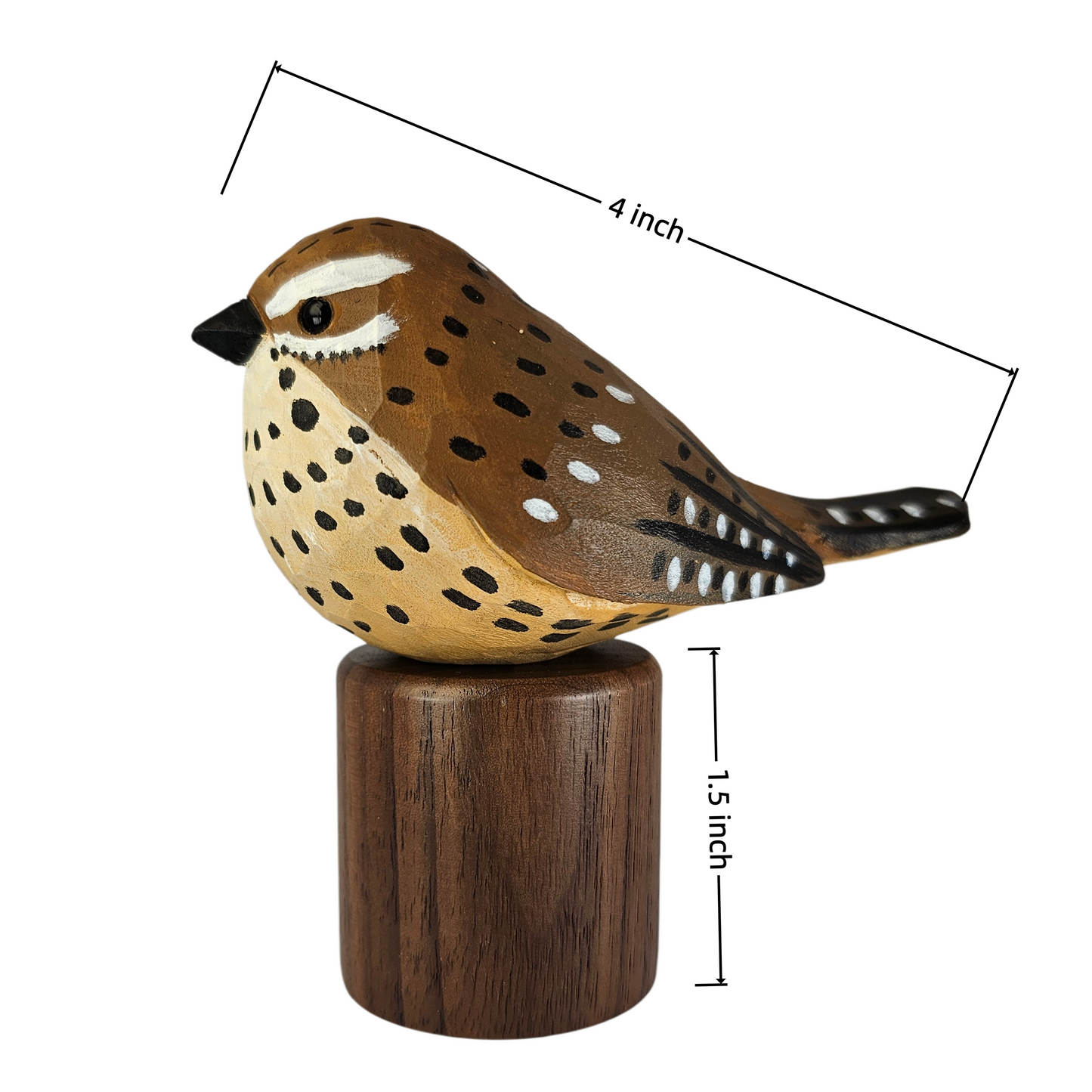 A hand-painted wooden Cactus wren figurine perched on a cylindrical wooden base, shown with dimension lines indicating a height of 1.5 inches and a length of 4 inches on a plain white background.