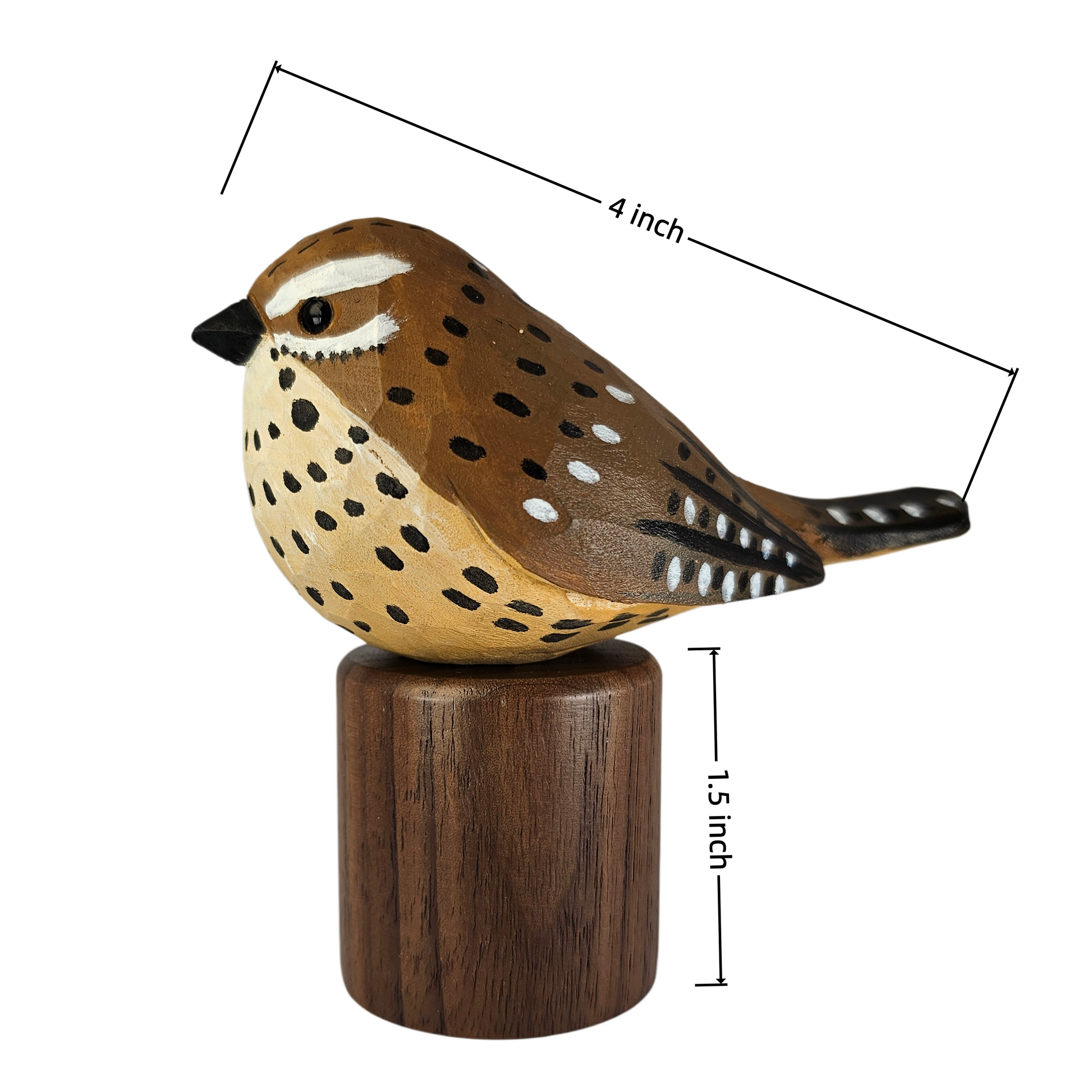 A hand-painted wooden Cactus wren figurine perched on a cylindrical wooden base, shown with dimension lines indicating a height of 1.5 inches and a length of 4 inches on a plain white background.