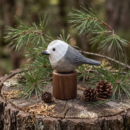 Hand Carved & Hand Painted Canada Jay Figurine | Basswood with Black Walnut Base