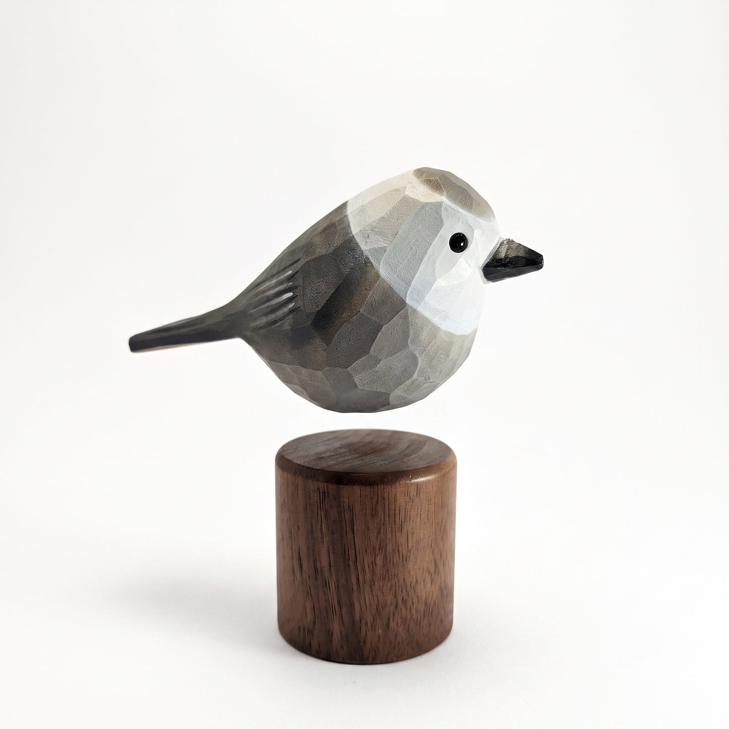 Hand Carved & Hand Painted Canada Jay Figurine | Basswood with Black Walnut Base