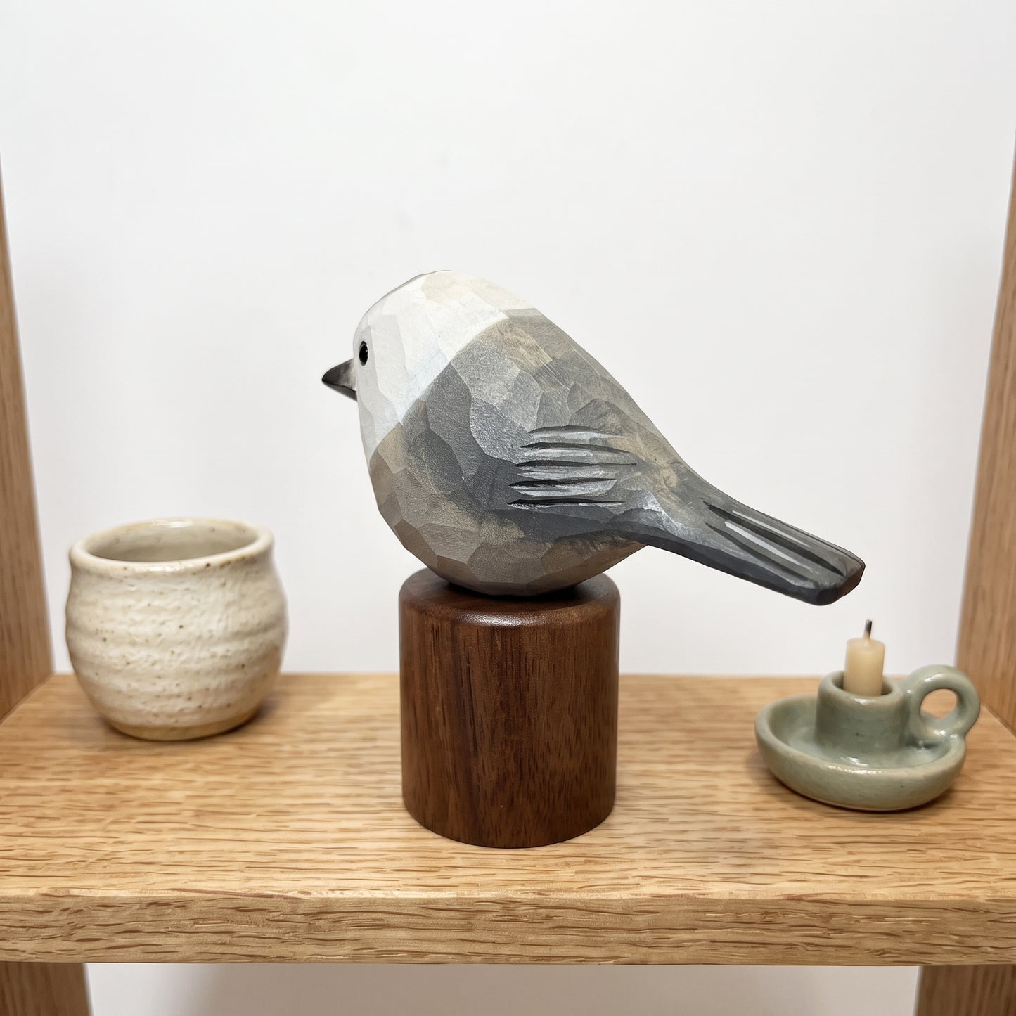 Hand Carved & Hand Painted Canada Jay Figurine | Basswood with Black Walnut Base