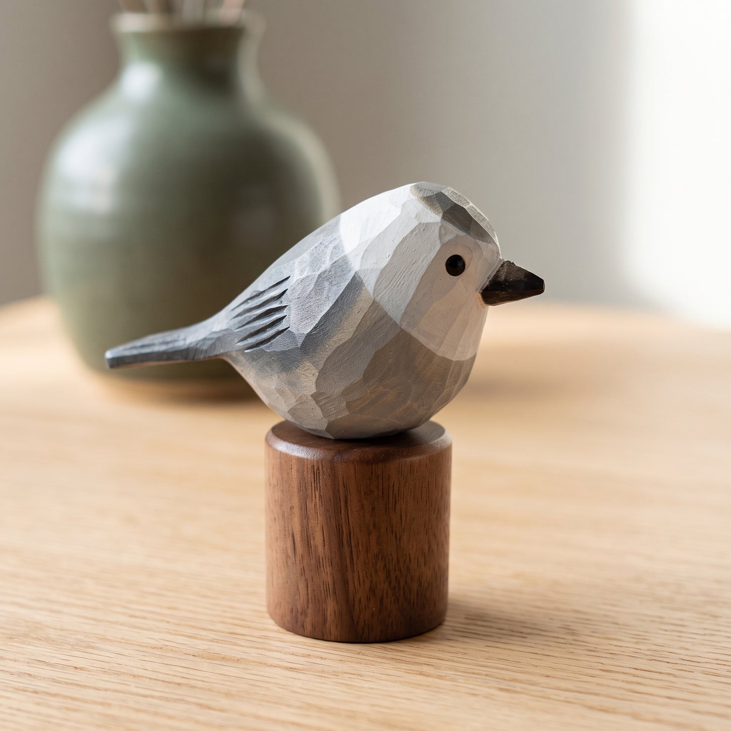 Hand Carved & Hand Painted Canada Jay Figurine | Basswood with Black Walnut Base