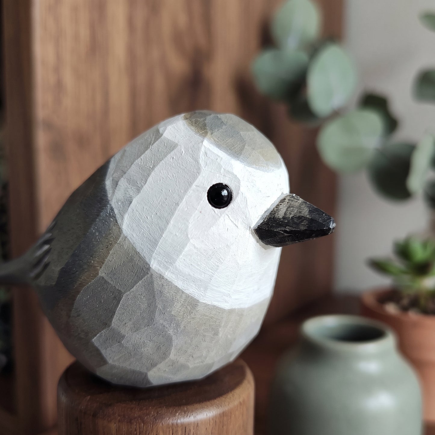 Hand Carved & Hand Painted Canada Jay Figurine | Basswood with Black Walnut Base