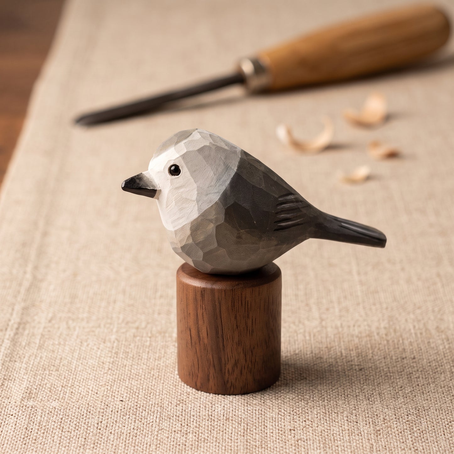 Hand Carved & Hand Painted Canada Jay Figurine | Basswood with Black Walnut Base