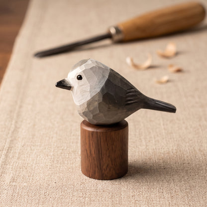 Hand Carved & Hand Painted Canada Jay Figurine | Basswood with Black Walnut Base
