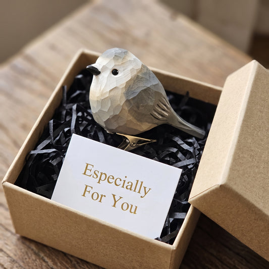 A hand-carved wooden Canada Jay clip-on ornament resting inside an open kraft gift box filled with black shredded paper, featuring a white head, a dark grey cap and nape, light grey underparts, and a white card reading "Especially For You" placed in the foreground.