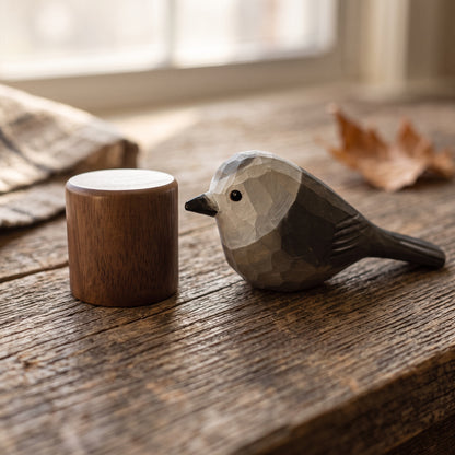 Hand Carved & Hand Painted Canada Jay Figurine | Basswood with Black Walnut Base