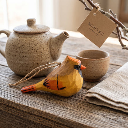 A carved wooden cardinal ornament with a yellow body, orange beak and tail, and black facial details, hanging on a rustic wooden table beside a speckled ceramic teapot, cup, and folded linen cloth. A hanging tag reads Nature's Must Handmade.