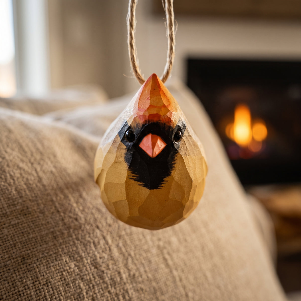 A faceted wooden cardinal bird ornament hanging from a rope loop, shown in a cozy indoor setting with a blurred fireplace and textured beige fabric in the background.