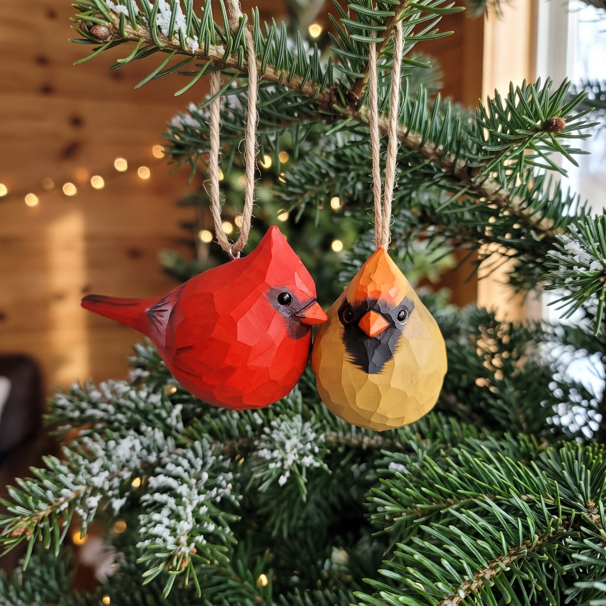 Two faceted bird Christmas ornaments hanging on a pine tree branch. One ornament is bright red and the other is mustard yellow, both with black and orange facial details, suspended by twine in a decorated Christmas tree setting.