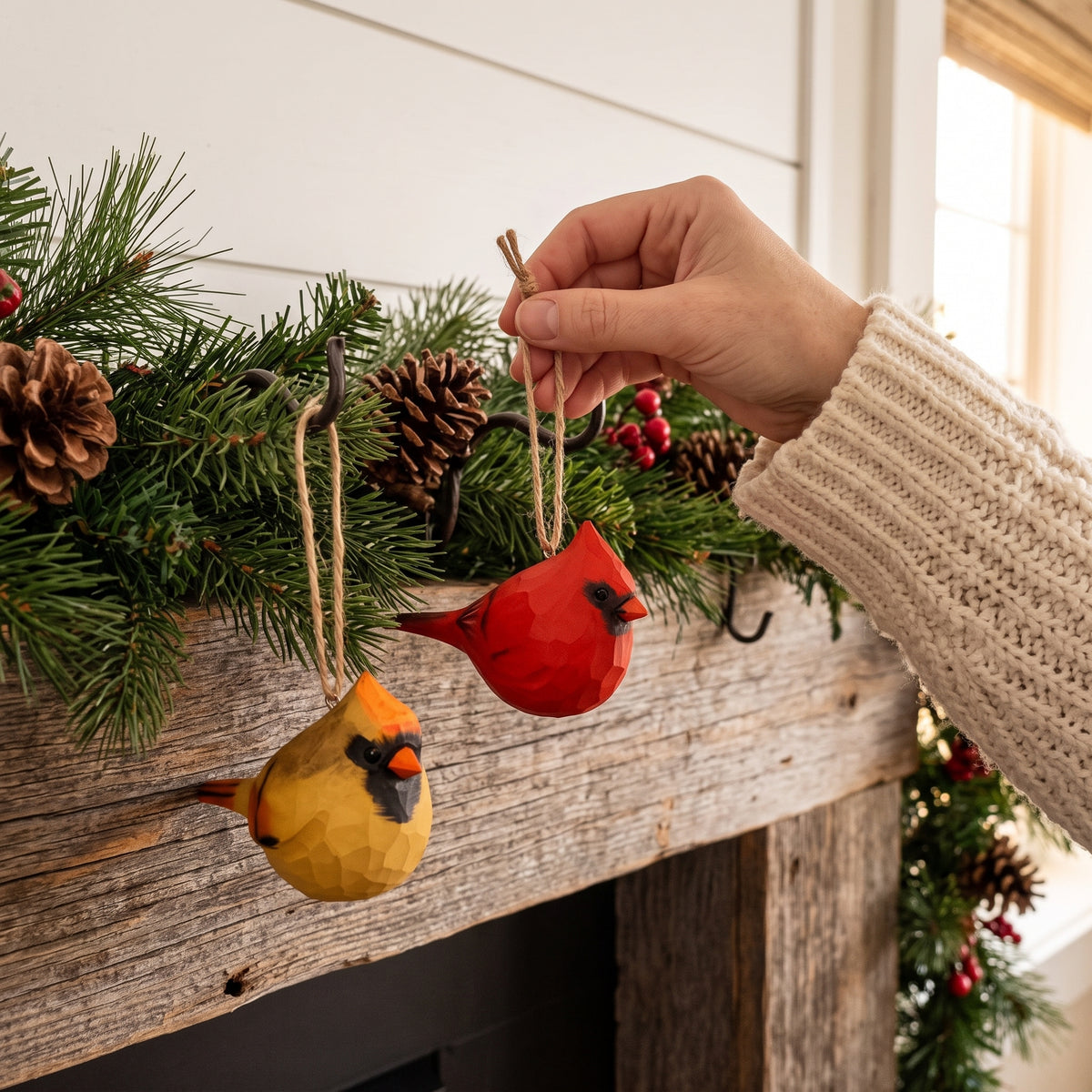 A person's hand wearing a cream knit sweater sleeve is holding a red wooden cardinal ornament next to a yellow wooden cardinal ornament hanging from a rustic wooden fireplace mantel decorated with pine garlands, pinecones, and red berries.