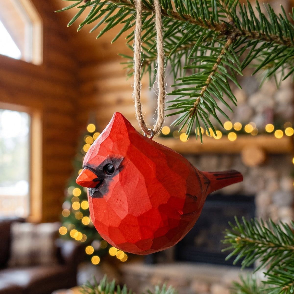A red cardinal-shaped hanging ornament with a faceted geometric finish hangs from a pine branch in a cozy, warmly lit living room with a fireplace and string lights in the background.