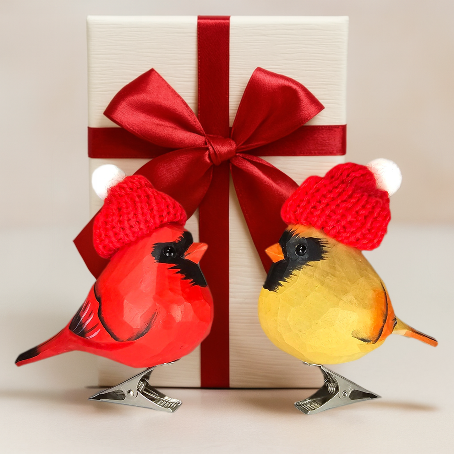 Cardinal Couple Clip‑On Christmas Ornaments - Hand‑Carved Wood with Knit Hats, Gift Box Included