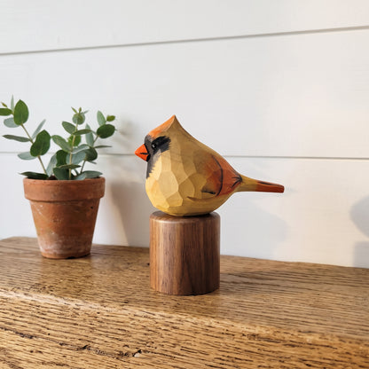 Hand Carved & Hand Painted Northern Cardinal Figurine | Basswood with Black Walnut Base