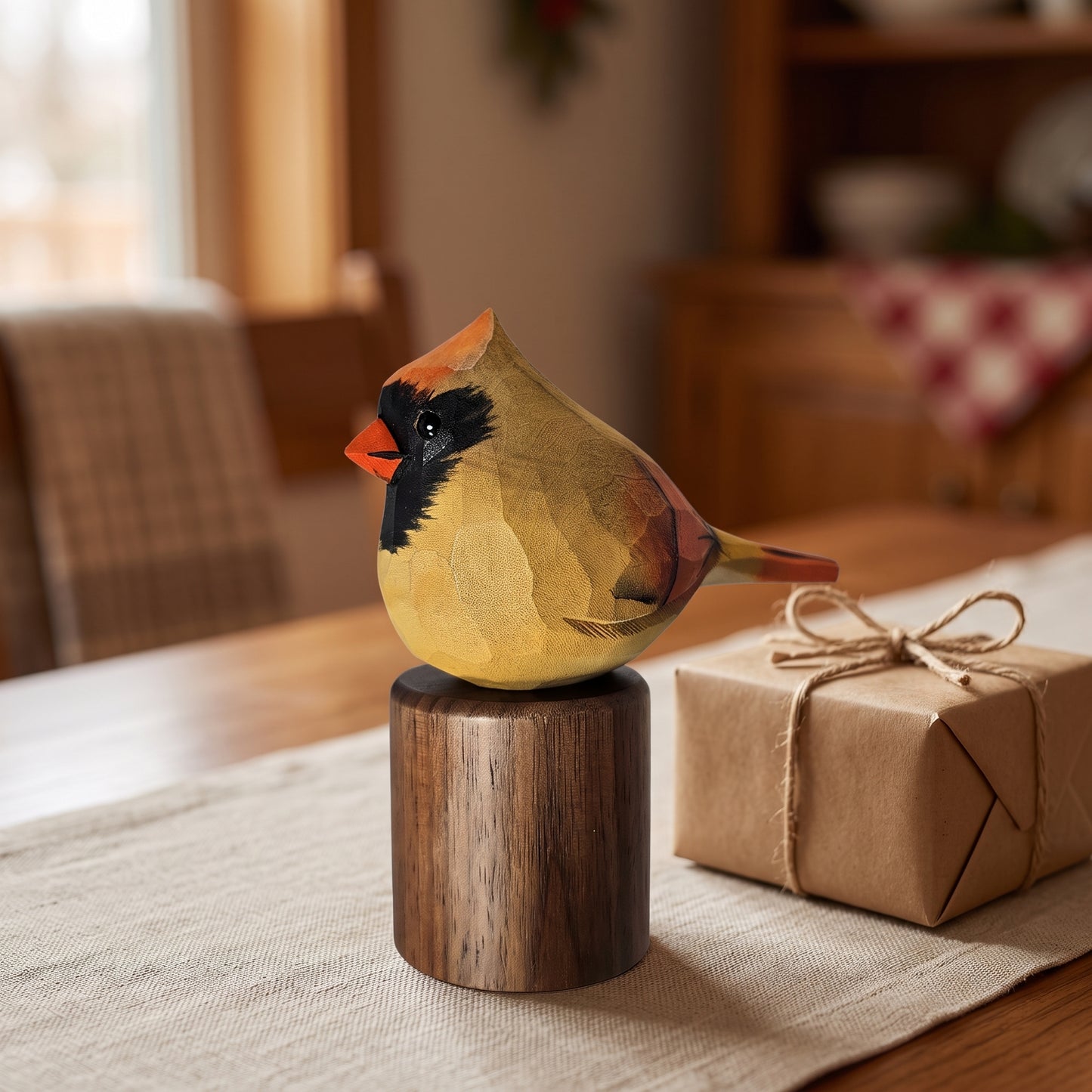 Hand Carved & Hand Painted Northern Cardinal Figurine | Basswood with Black Walnut Base