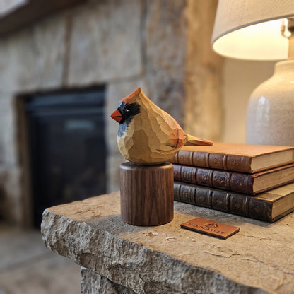 Hand Carved & Hand Painted Northern Cardinal Figurine | Basswood with Black Walnut Base