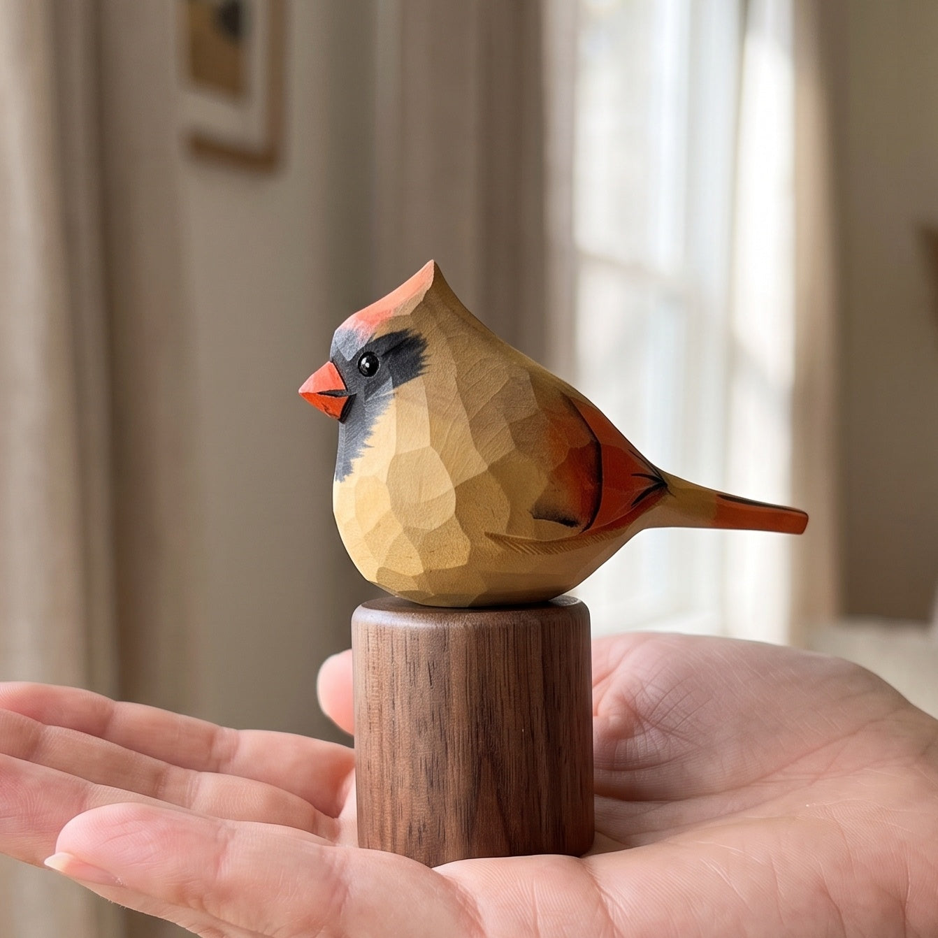 Hand Carved & Hand Painted Northern Cardinal Figurine | Basswood with Black Walnut Base
