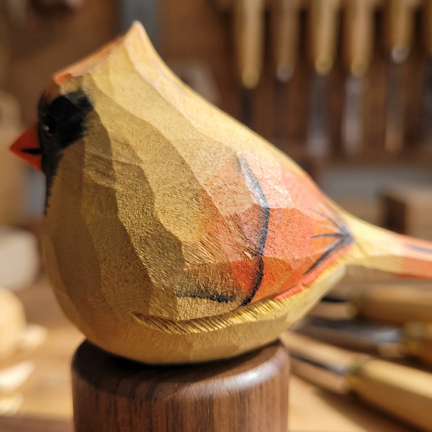 Hand Carved & Hand Painted Northern Cardinal Figurine | Basswood with Black Walnut Base